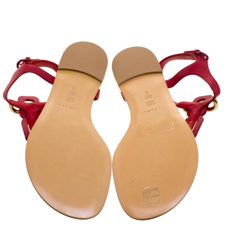 Pre Owned Casadei Red Leather Chain Detail T Strap Flat Sandals Size 39