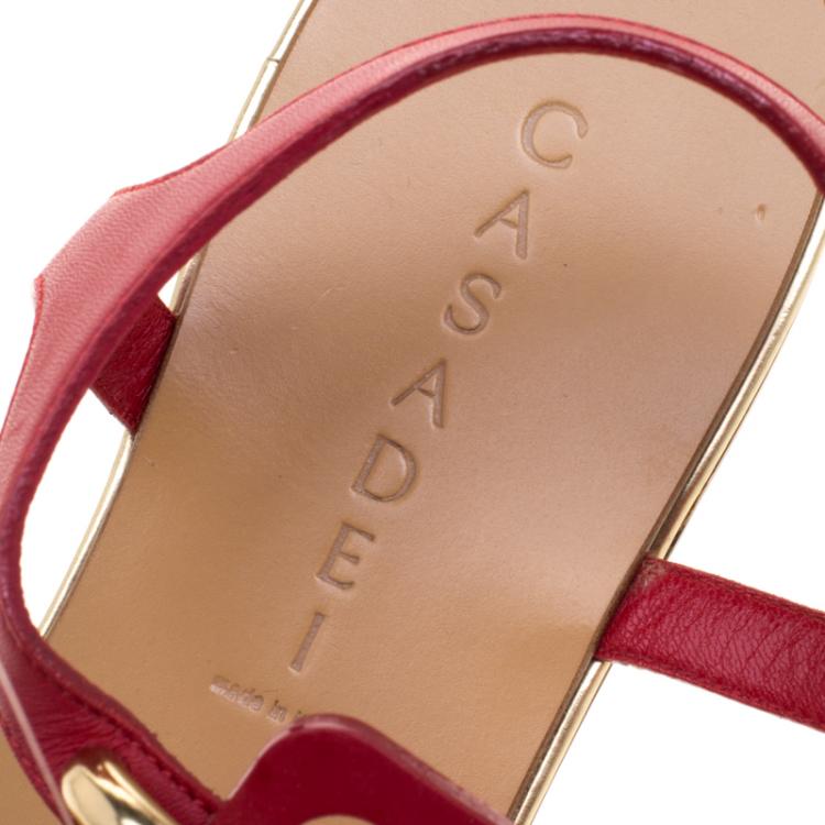 Pre Owned Casadei Red Leather Chain Detail T Strap Flat Sandals Size 39
