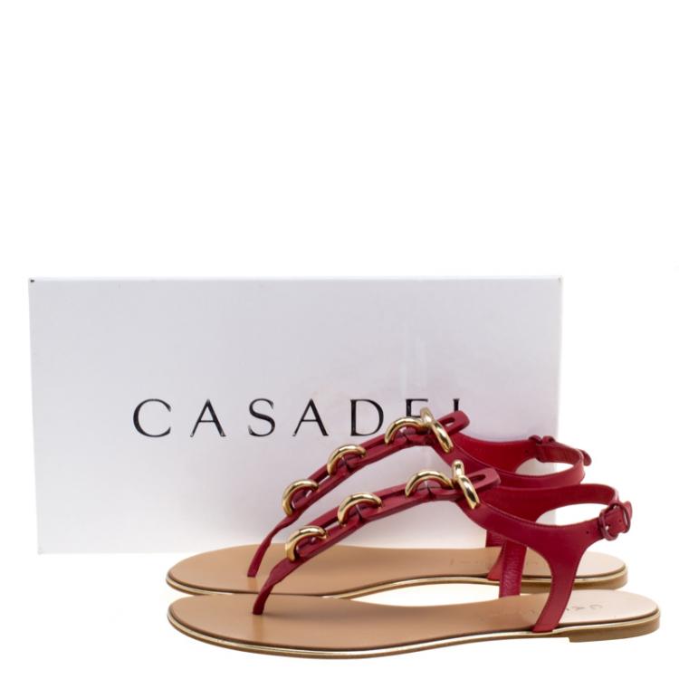 Pre Owned Casadei Red Leather Chain Detail T Strap Flat Sandals Size 39