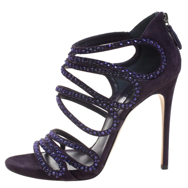 مملوكة مسبقًا Casadei Purple Crystal Embellished Suede Strappy Sandals Size 38