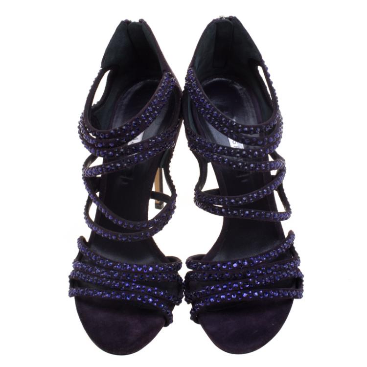 مملوكة مسبقًا Casadei Purple Crystal Embellished Suede Strappy Sandals Size 38