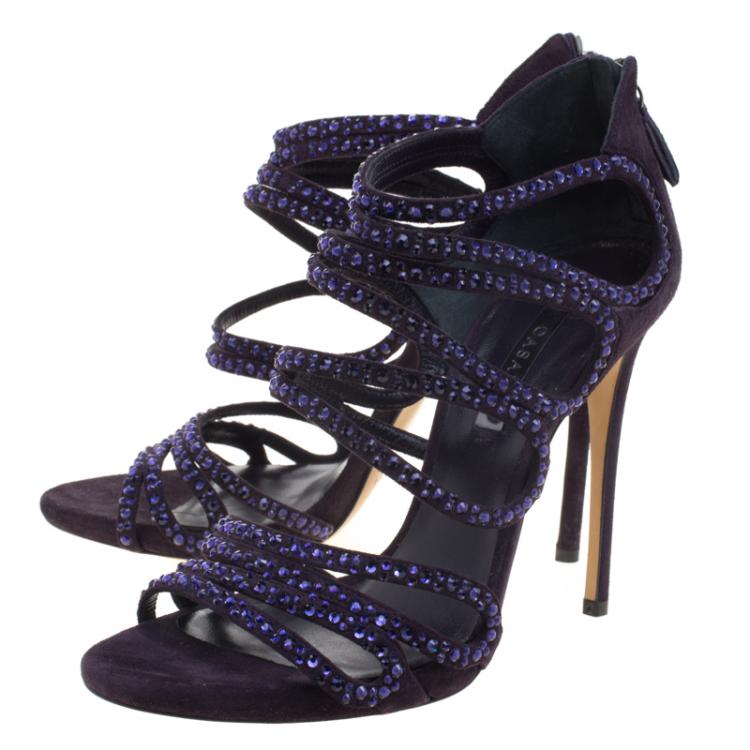 مملوكة مسبقًا Casadei Purple Crystal Embellished Suede Strappy Sandals Size 38