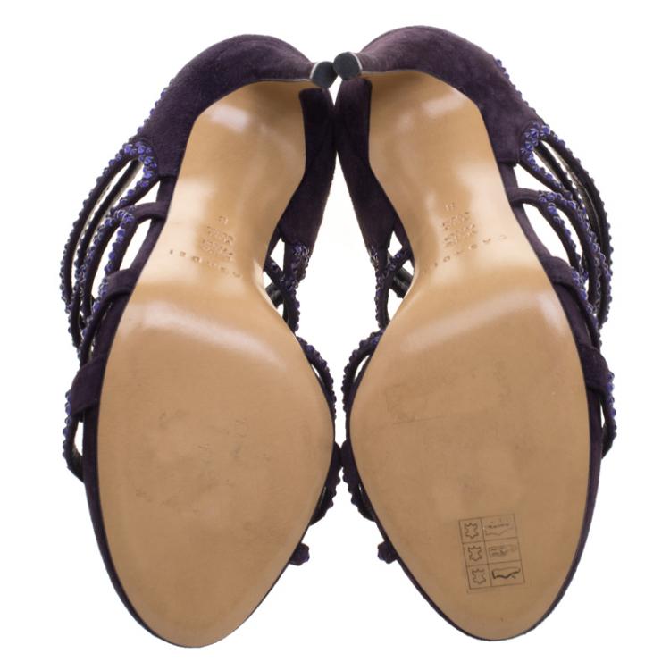 مملوكة مسبقًا Casadei Purple Crystal Embellished Suede Strappy Sandals Size 38