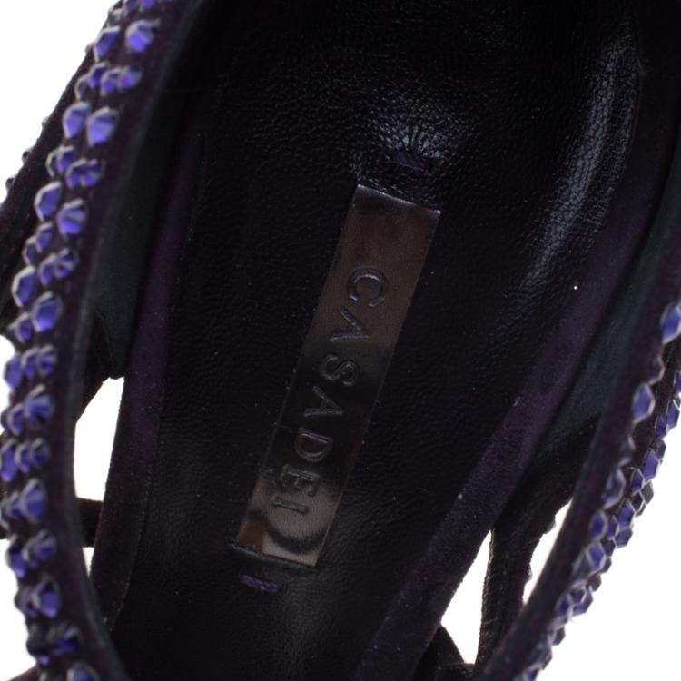 مملوكة مسبقًا Casadei Purple Crystal Embellished Suede Strappy Sandals Size 38