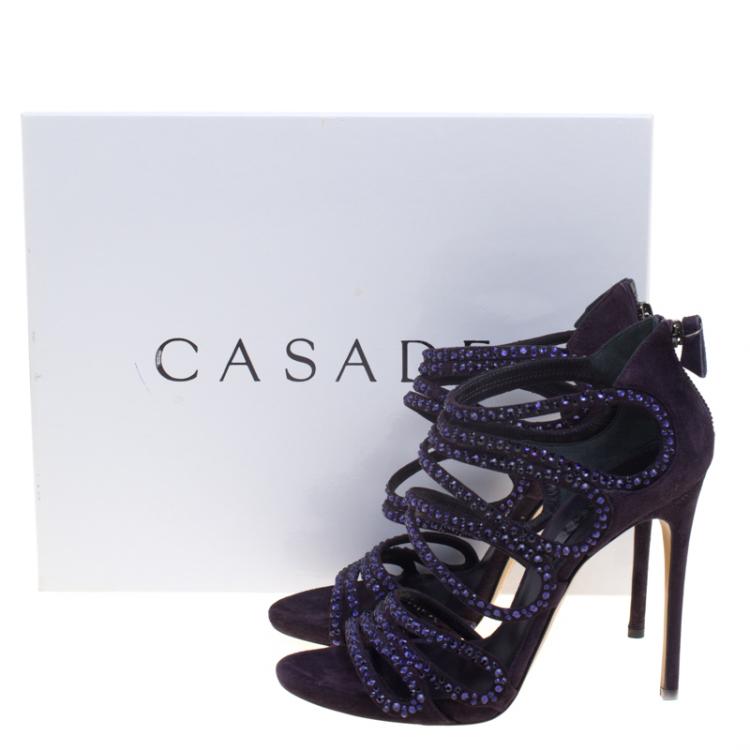 مملوكة مسبقًا Casadei Purple Crystal Embellished Suede Strappy Sandals Size 38