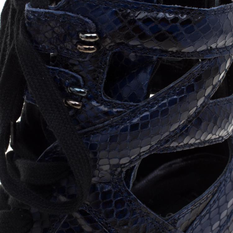 Pre Owned Casadei Two Tone Python Cut-Out Wedge High Top Sneakers Size 39