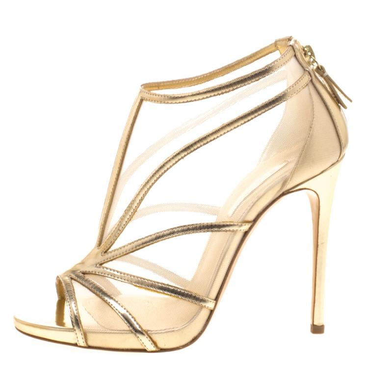 Pre Owned Casadei Gold Metallic Leather and Mesh Peep Toe Ankle Booties Size 37