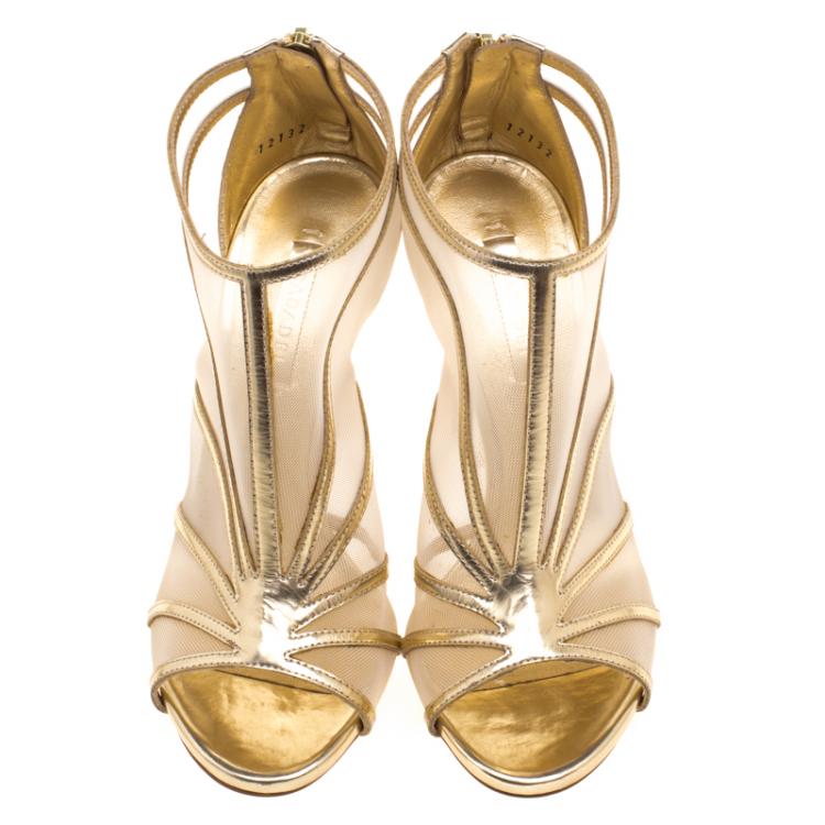 Pre Owned Casadei Gold Metallic Leather and Mesh Peep Toe Ankle Booties Size 37