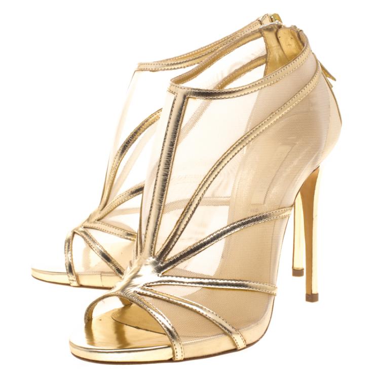 Pre Owned Casadei Gold Metallic Leather and Mesh Peep Toe Ankle Booties Size 37