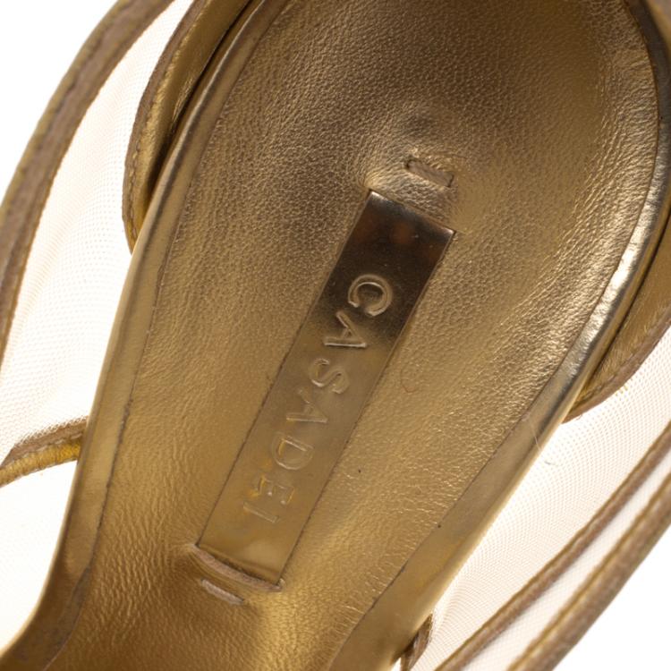 Pre Owned Casadei Gold Metallic Leather and Mesh Peep Toe Ankle Booties Size 37
