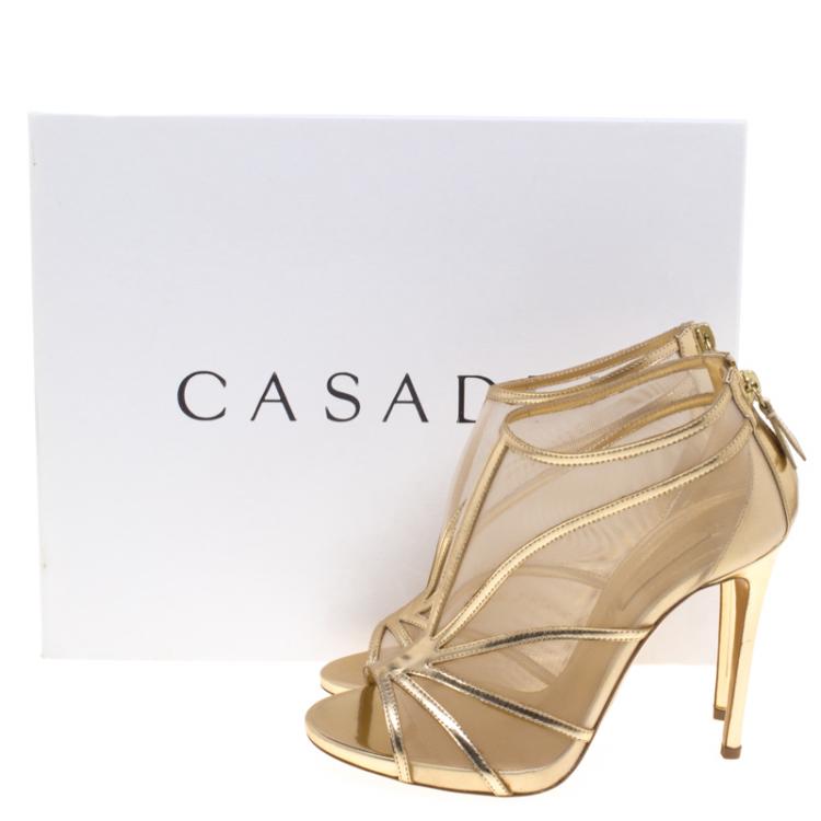 Pre Owned Casadei Gold Metallic Leather and Mesh Peep Toe Ankle Booties Size 37