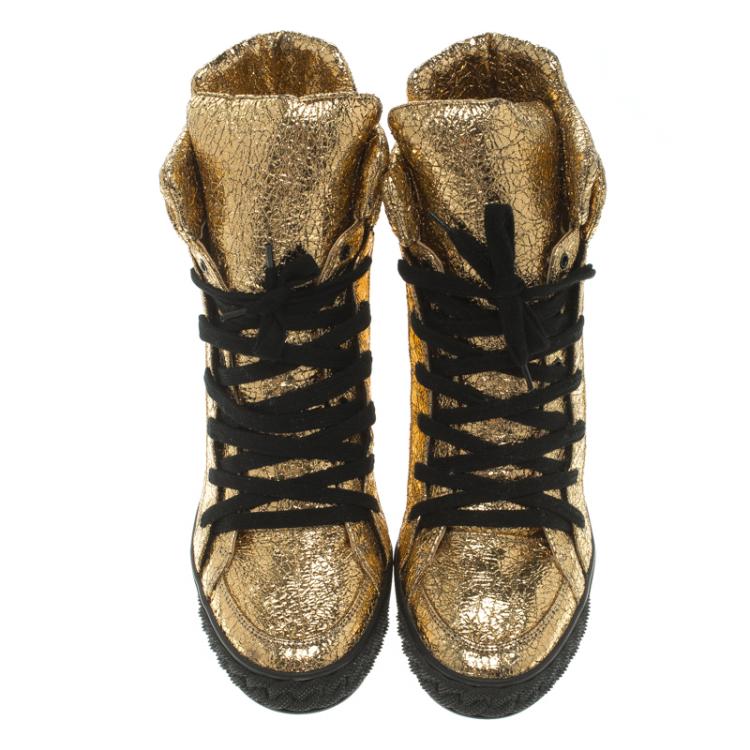 Pre Owned Casadei Gold Metallic Crackled Leather High Top Sneakers Size 41