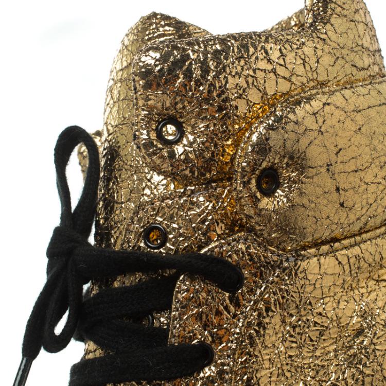 Pre Owned Casadei Gold Metallic Crackled Leather High Top Sneakers Size 41