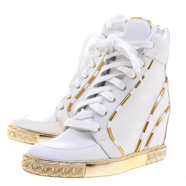 Pre Owned Casadei White and Gold Leather High Top Wedge Sneakers Size 36