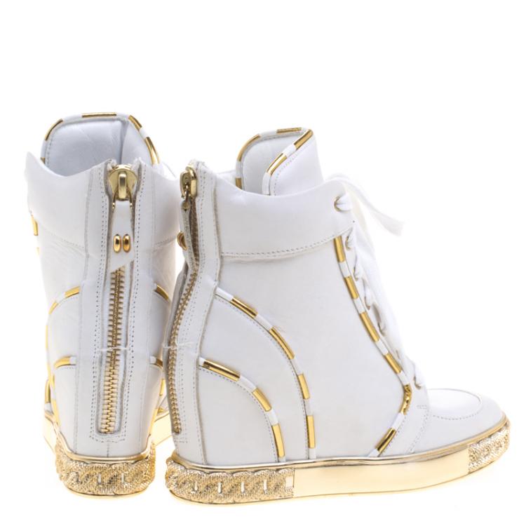 Pre Owned Casadei White and Gold Leather High Top Wedge Sneakers Size 36