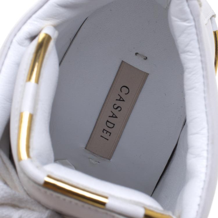 Pre Owned Casadei White and Gold Leather High Top Wedge Sneakers Size 36