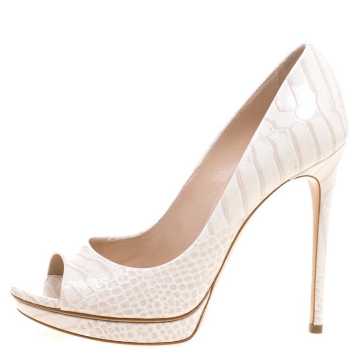 Pre Owned Casadei Ivory Croc Embossed Leather Peep Toe Platform Pumps Size 37