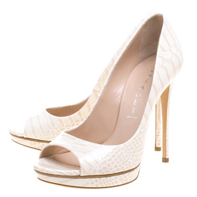 Pre Owned Casadei Ivory Croc Embossed Leather Peep Toe Platform Pumps Size 37