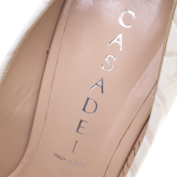 Pre Owned Casadei Ivory Croc Embossed Leather Peep Toe Platform Pumps Size 37