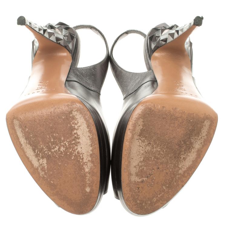 Pre Owned Casadei Grey Metallic Leather Prism Heel Peep Toe Slingback Sandals Size 38.5