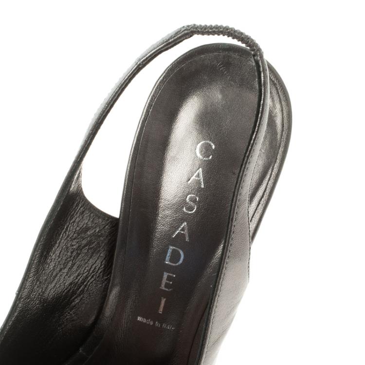 Pre Owned Casadei Grey Metallic Leather Prism Heel Peep Toe Slingback Sandals Size 38.5