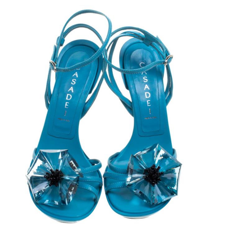 مملوكة مسبقًا Casadei Turquoise Leather Crystal Embellished Ankle Strap Sandals Size 39.5