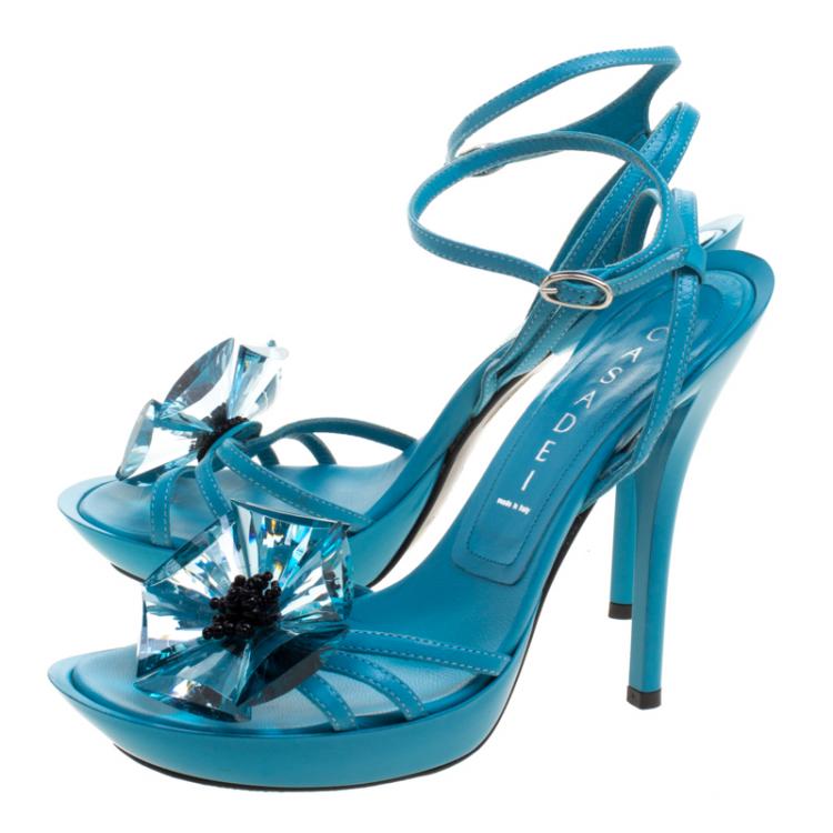 مملوكة مسبقًا Casadei Turquoise Leather Crystal Embellished Ankle Strap Sandals Size 39.5