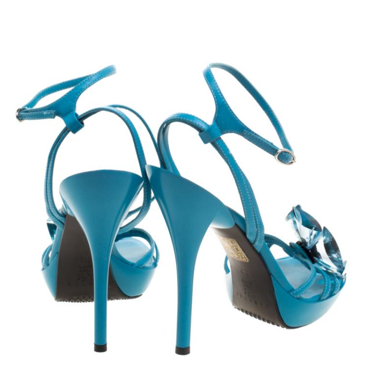 مملوكة مسبقًا Casadei Turquoise Leather Crystal Embellished Ankle Strap Sandals Size 39.5
