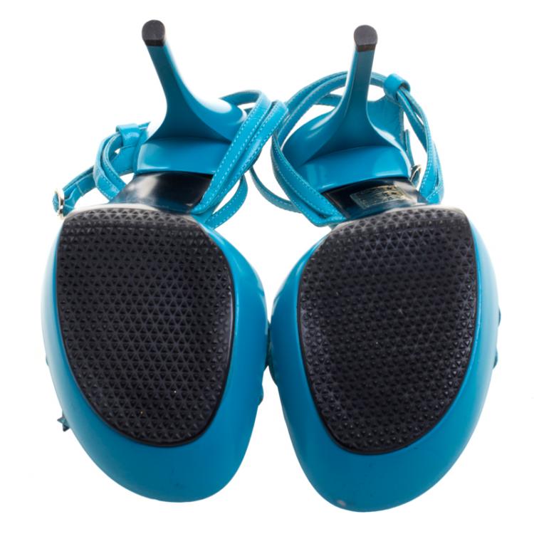 مملوكة مسبقًا Casadei Turquoise Leather Crystal Embellished Ankle Strap Sandals Size 39.5