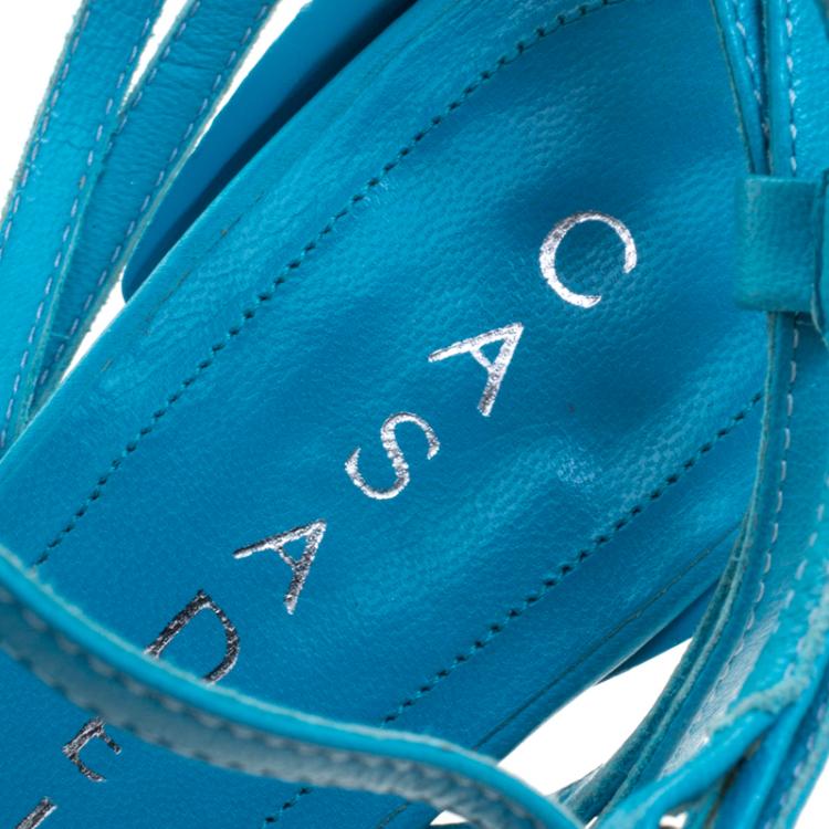 مملوكة مسبقًا Casadei Turquoise Leather Crystal Embellished Ankle Strap Sandals Size 39.5