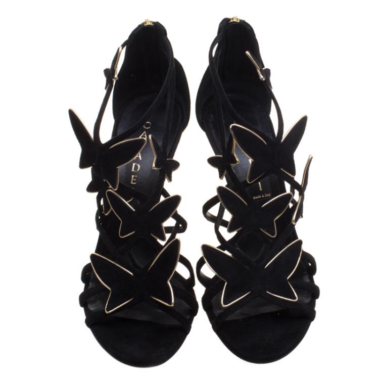 مملوكة مسبقًا Casadei Black Suede Camilla Belle Butterfly Strappy Sandals Size 39