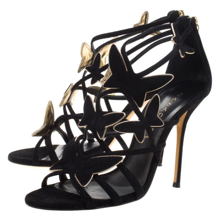 مملوكة مسبقًا Casadei Black Suede Camilla Belle Butterfly Strappy Sandals Size 39
