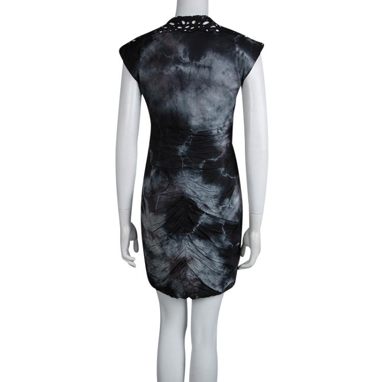 Pre Owned Catherine Malandrino Monochrome Tie-Dyed Cotton Ruched Sleeveless Double Zipper Dress S