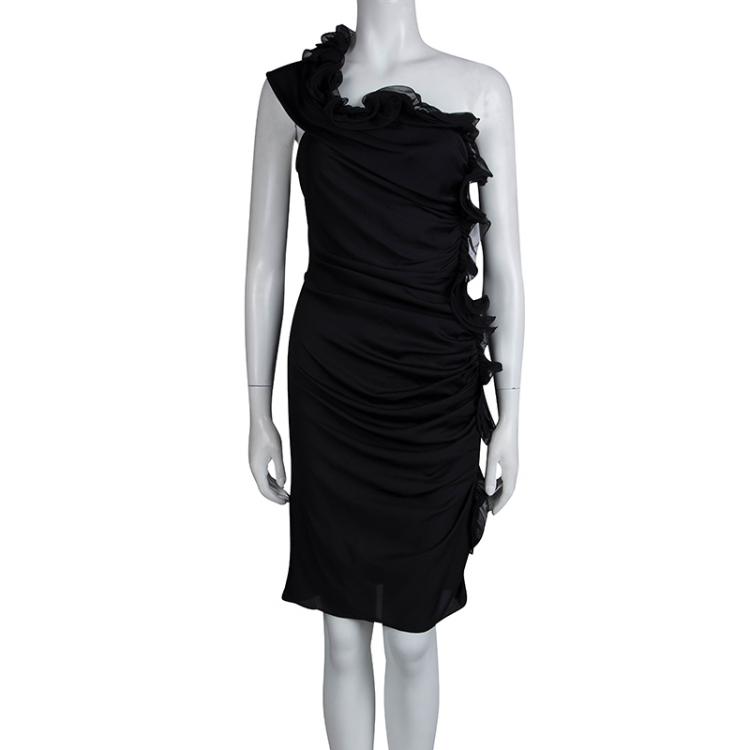 Pre Owned Catherine Malandrino Black Silk Ruched Frill Detail One Shoulder Dress M 