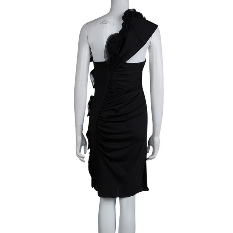 Pre Owned Catherine Malandrino Black Silk Ruched Frill Detail One Shoulder Dress M 