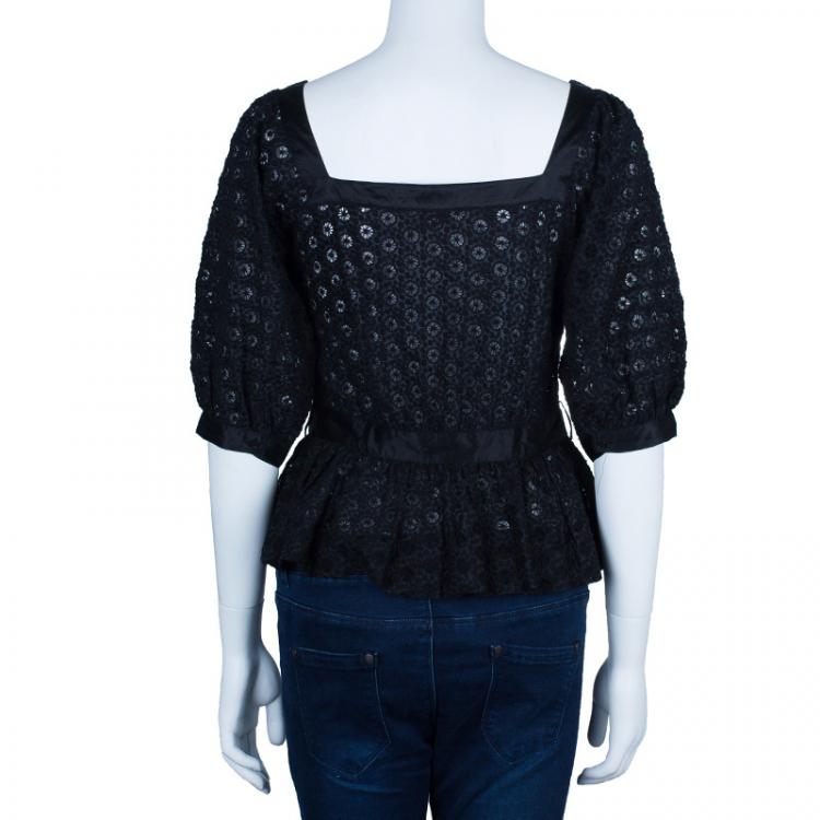 Pre Owned Catherine Malandrino Black Lace Peplum Top M