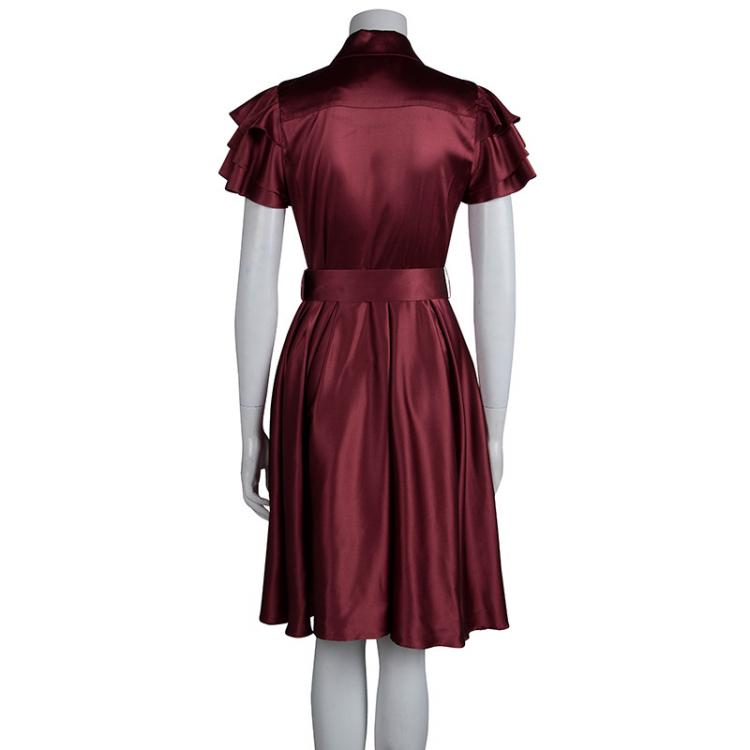 Pre Owned Catherine Malandrino Maroon Silk Belted Shirt Dress S