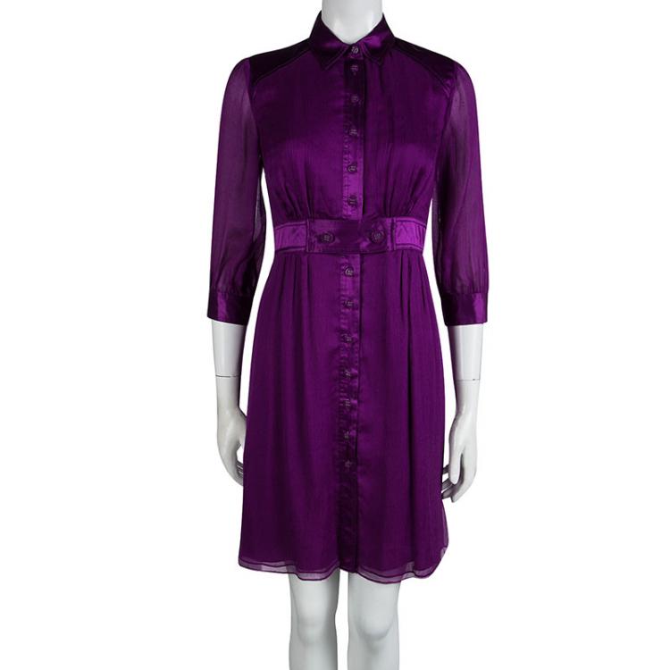 Pre Owned Catherine Malandrino Purple Silk Gathered Shirt Dress S