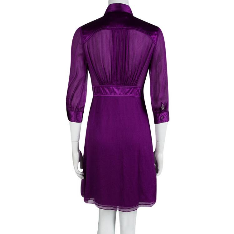 Pre Owned Catherine Malandrino Purple Silk Gathered Shirt Dress S