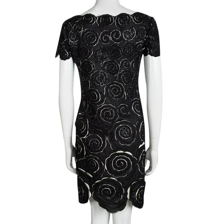 Pre Owned Catherine Malandrino Black Cotton Cutwork Floral Embridered Embellished Shift Dress S
