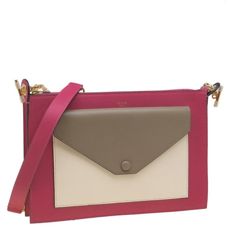 Pre Owned Celine Tri Color Leather Medium Pocket Chain Clutch