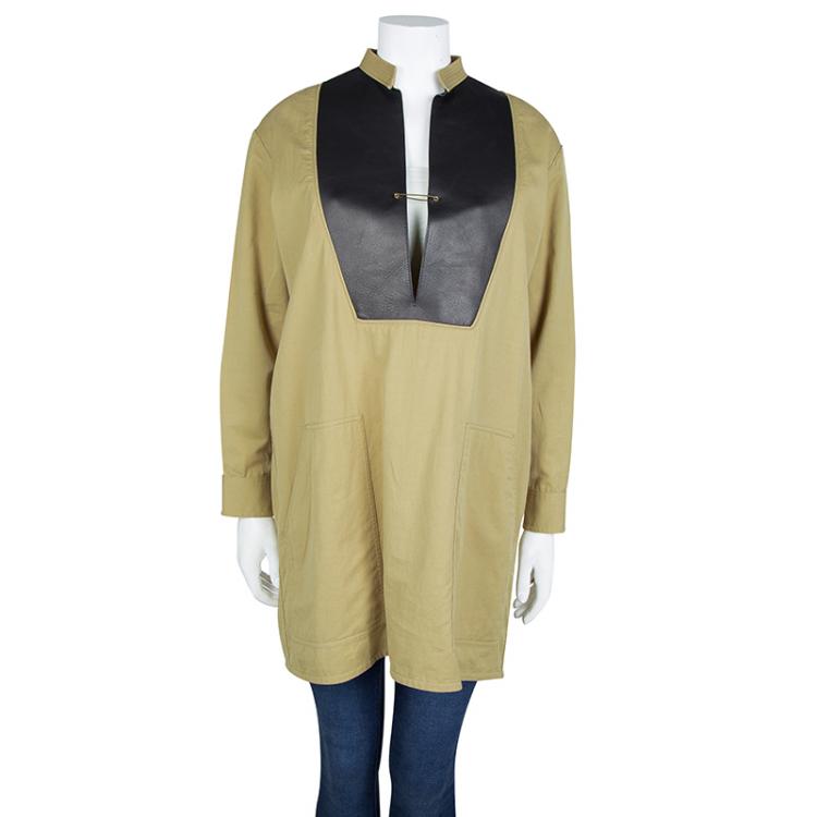 Pre Owned Celine Khaki Leather Yoke Detail Long Sleeve Oversized Tunic M