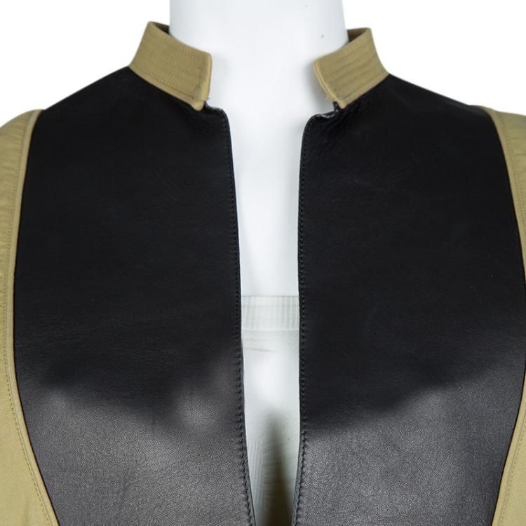 Pre Owned Celine Khaki Leather Yoke Detail Long Sleeve Oversized Tunic M