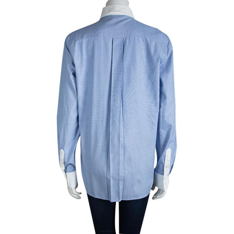 Pre Owned Celine Blue Pinchecked Contrast Trim Button Front Cotton Shirt L