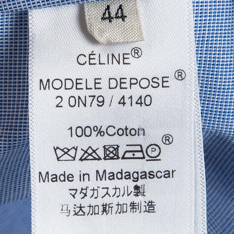 Pre Owned Celine Blue Pinchecked Contrast Trim Button Front Cotton Shirt L