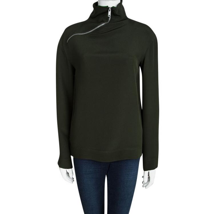 Pre Owned Celine Bottle Green Silk Zip Detail High Neck Long Sleeve Blouse S