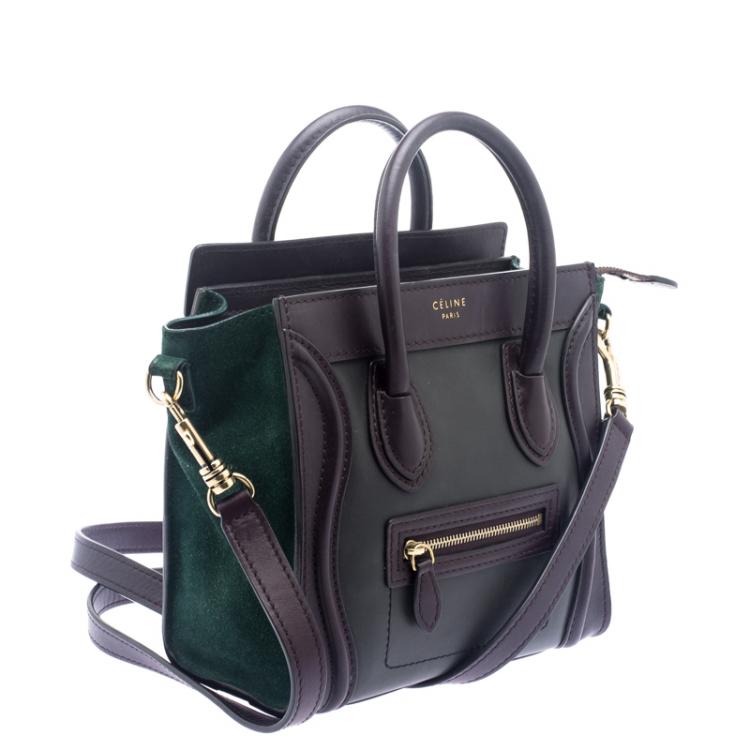 Pre Owned Celine Dark Brown/Green Leather and Suede Nano Luggage Tote