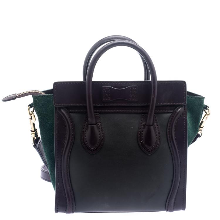 Pre Owned Celine Dark Brown/Green Leather and Suede Nano Luggage Tote