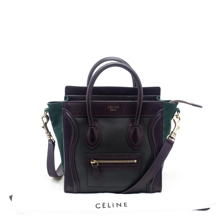 Pre Owned Celine Dark Brown/Green Leather and Suede Nano Luggage Tote