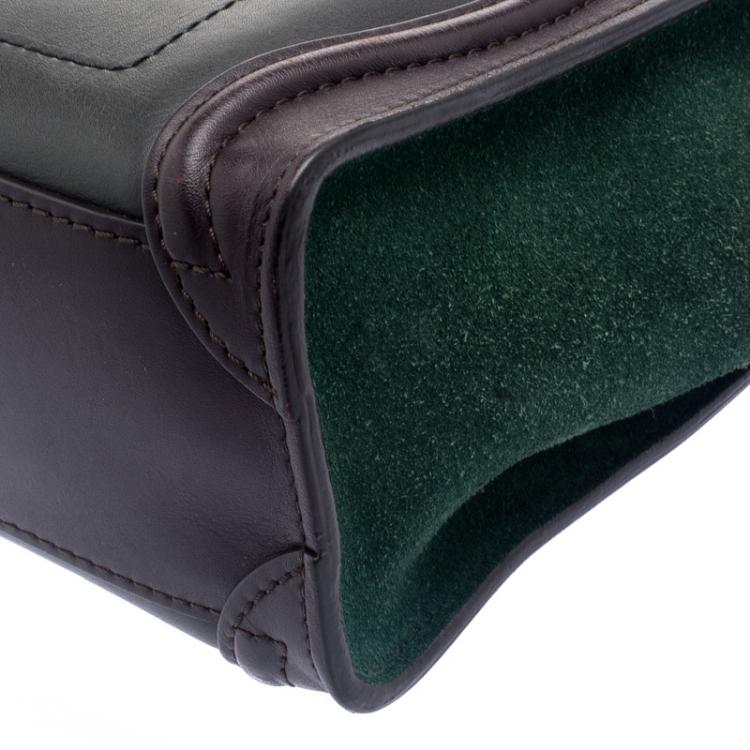 Pre Owned Celine Dark Brown/Green Leather and Suede Nano Luggage Tote
